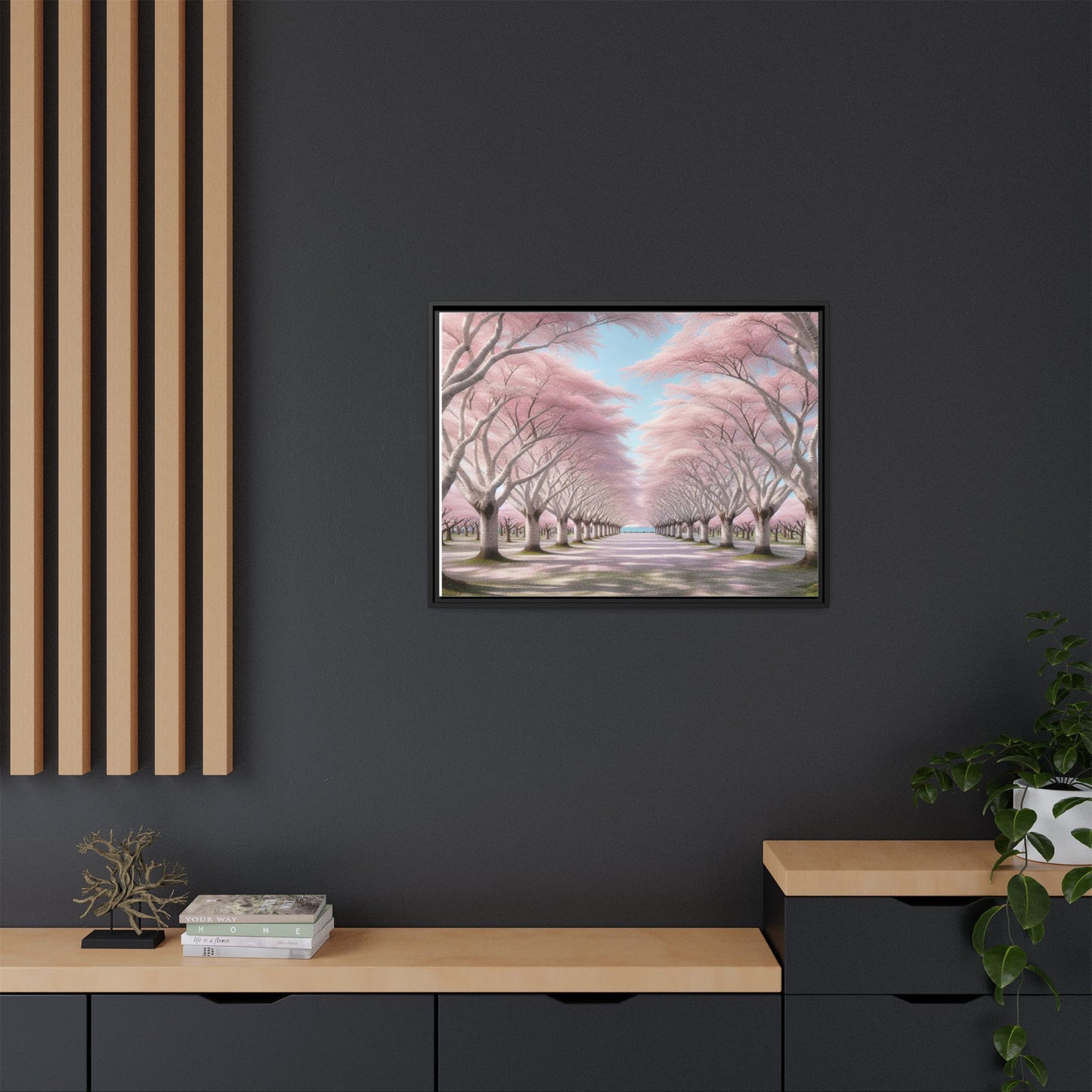 Blossom Path Canvas, Framed Wall Art, Pink Cherry Blossom Decor, Spring Home Decor, Gift for Nature Lovers, Ideal for Weddings