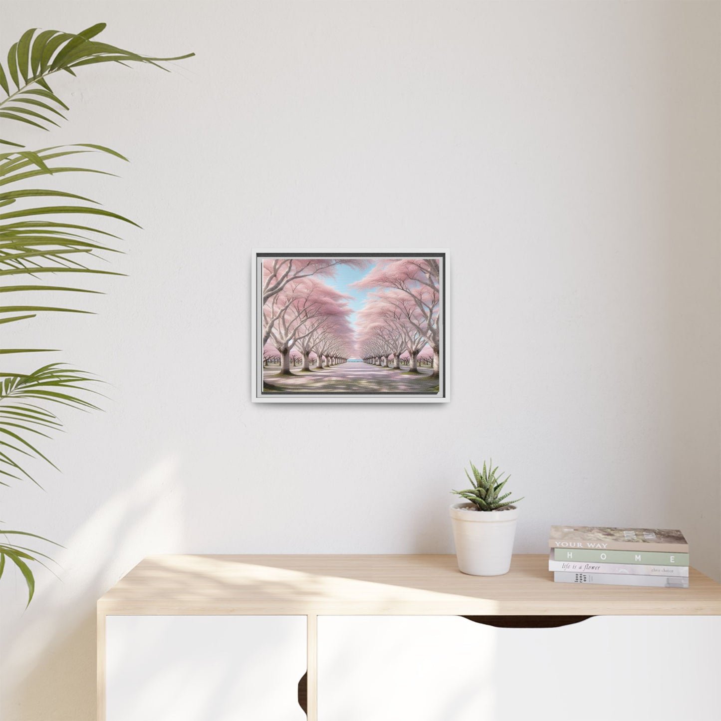 Blossom Path Canvas, Framed Wall Art, Pink Cherry Blossom Decor, Spring Home Decor, Gift for Nature Lovers, Ideal for Weddings