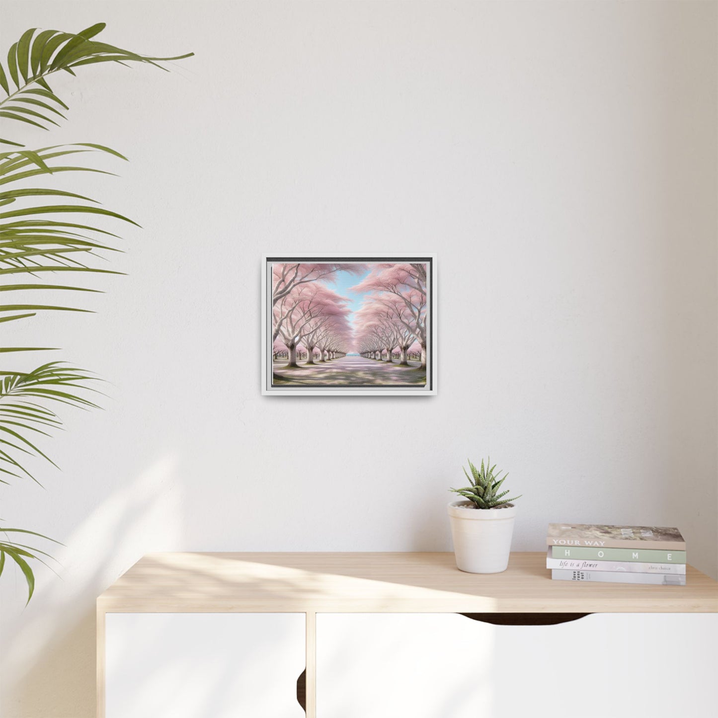 Blossom Path Canvas, Framed Wall Art, Pink Cherry Blossom Decor, Spring Home Decor, Gift for Nature Lovers, Ideal for Weddings