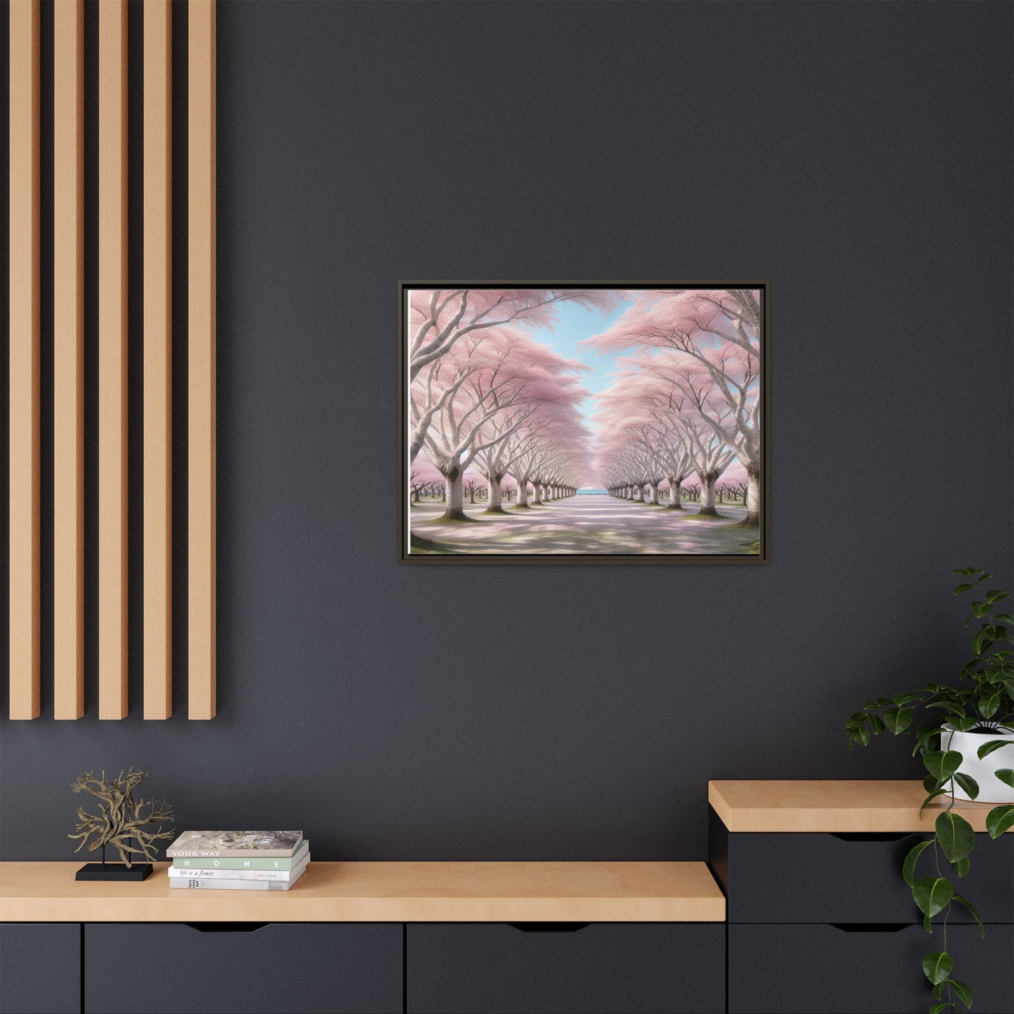 Blossom Path Canvas, Framed Wall Art, Pink Cherry Blossom Decor, Spring Home Decor, Gift for Nature Lovers, Ideal for Weddings