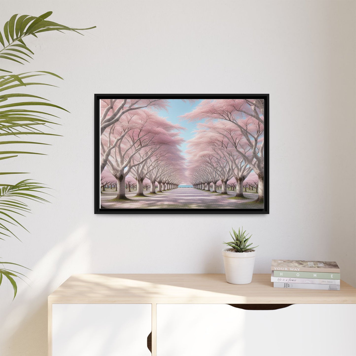 Blossom Path Canvas, Framed Wall Art, Pink Cherry Blossom Decor, Spring Home Decor, Gift for Nature Lovers, Ideal for Weddings