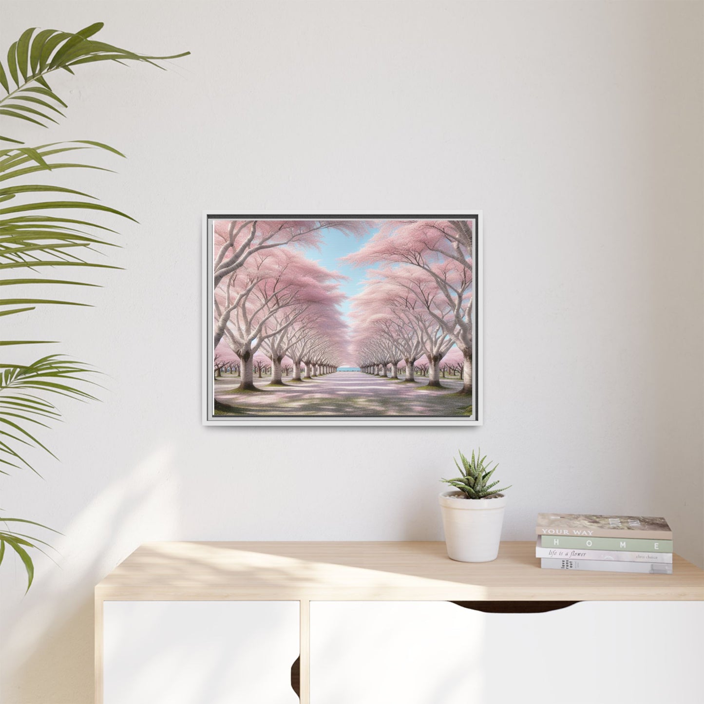 Blossom Path Canvas, Framed Wall Art, Pink Cherry Blossom Decor, Spring Home Decor, Gift for Nature Lovers, Ideal for Weddings