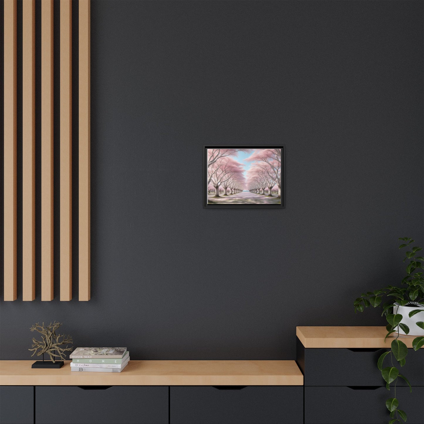 Blossom Path Canvas, Framed Wall Art, Pink Cherry Blossom Decor, Spring Home Decor, Gift for Nature Lovers, Ideal for Weddings