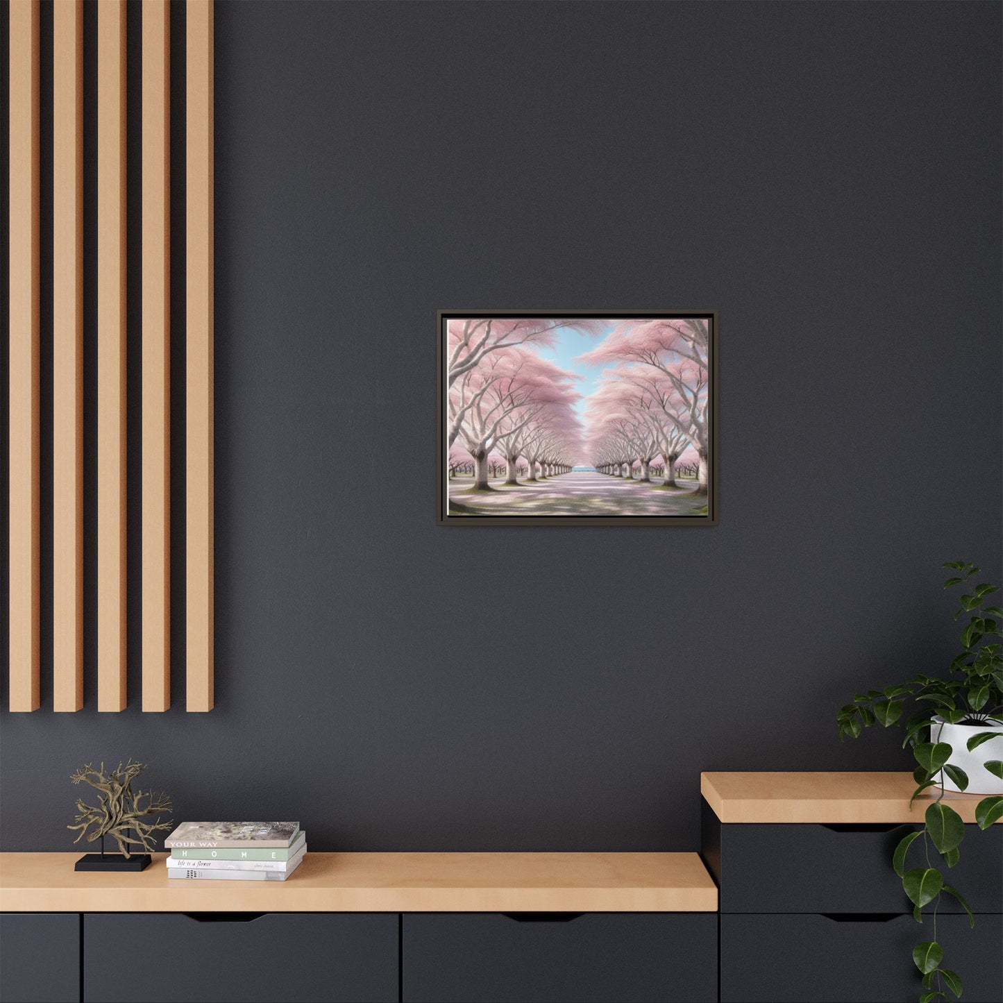 Blossom Path Canvas, Framed Wall Art, Pink Cherry Blossom Decor, Spring Home Decor, Gift for Nature Lovers, Ideal for Weddings