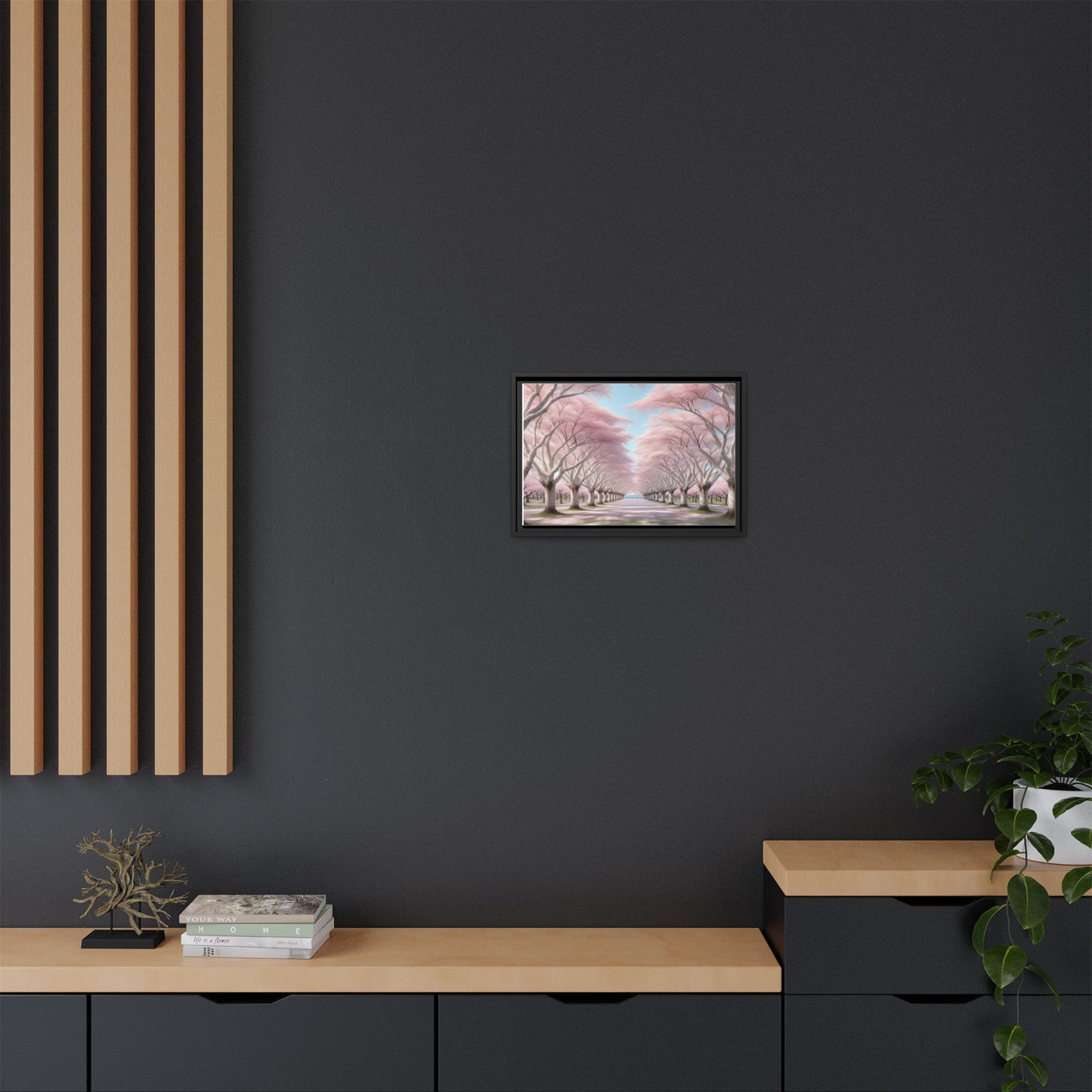 Blossom Path Canvas, Framed Wall Art, Pink Cherry Blossom Decor, Spring Home Decor, Gift for Nature Lovers, Ideal for Weddings