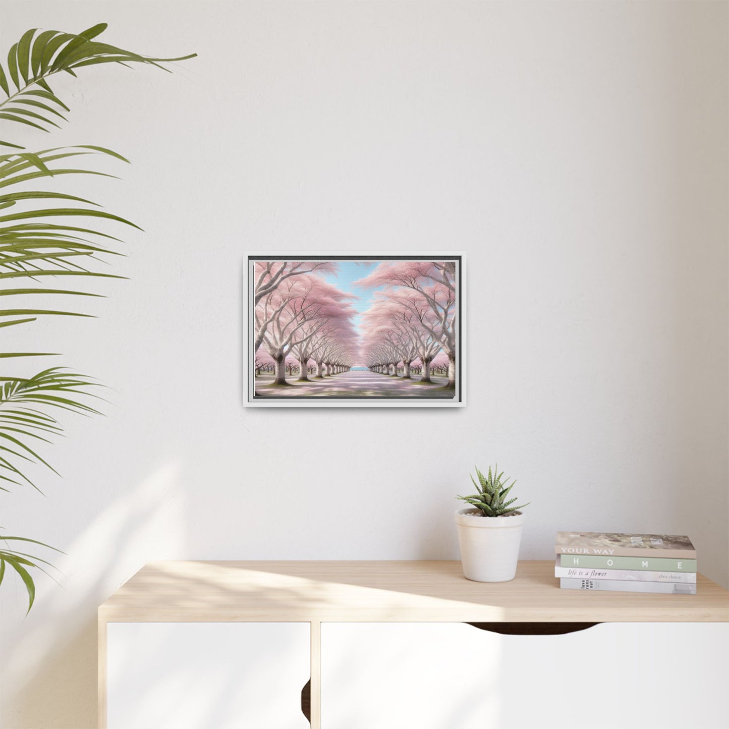 Blossom Path Canvas, Framed Wall Art, Pink Cherry Blossom Decor, Spring Home Decor, Gift for Nature Lovers, Ideal for Weddings