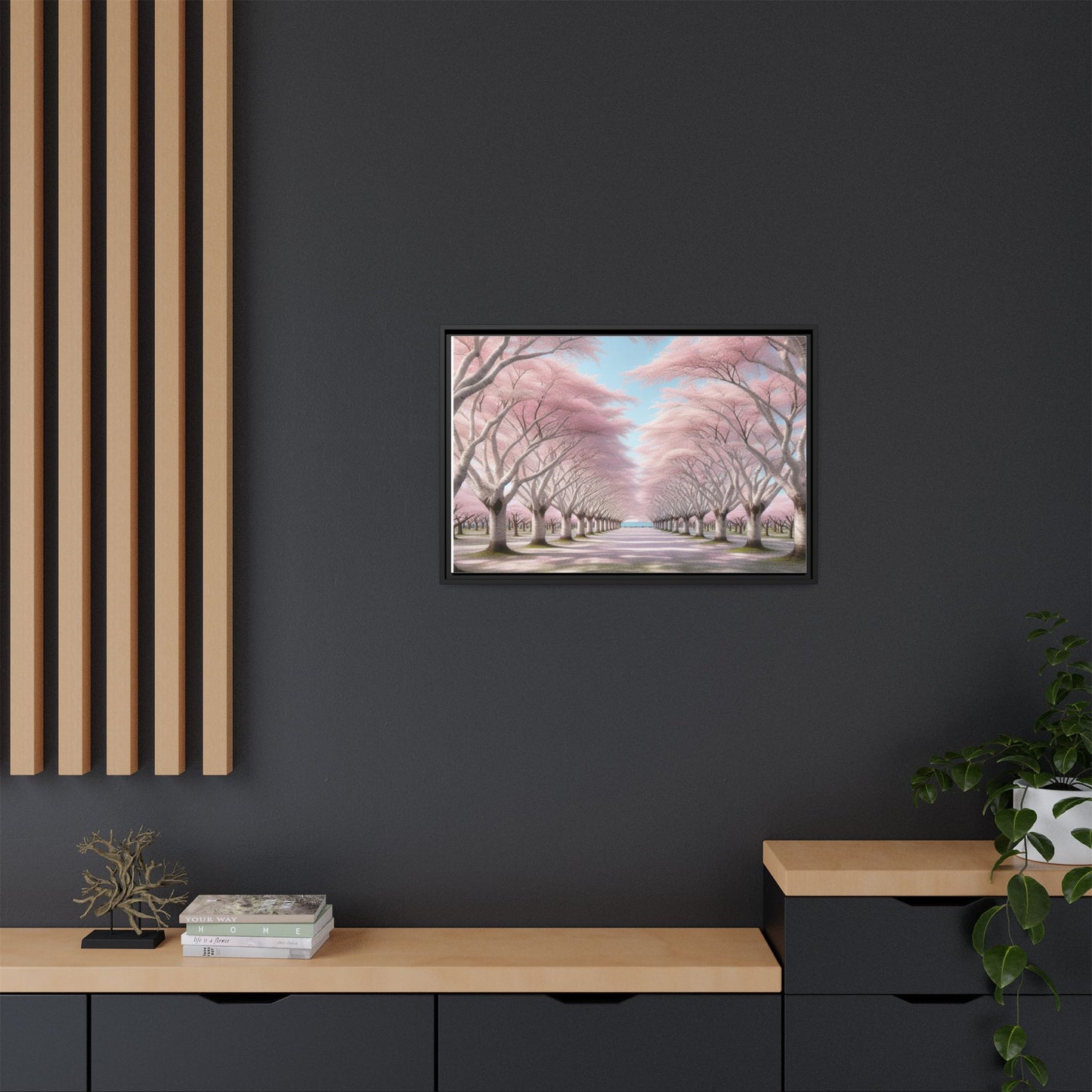 Blossom Path Canvas, Framed Wall Art, Pink Cherry Blossom Decor, Spring Home Decor, Gift for Nature Lovers, Ideal for Weddings