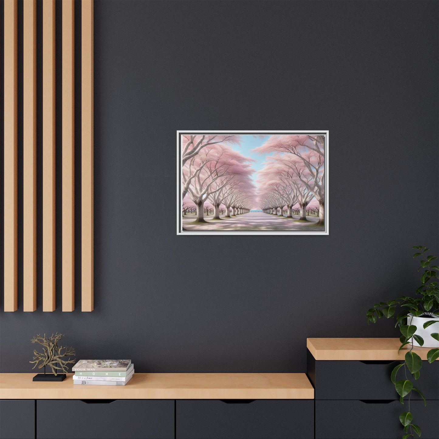 Blossom Path Canvas, Framed Wall Art, Pink Cherry Blossom Decor, Spring Home Decor, Gift for Nature Lovers, Ideal for Weddings