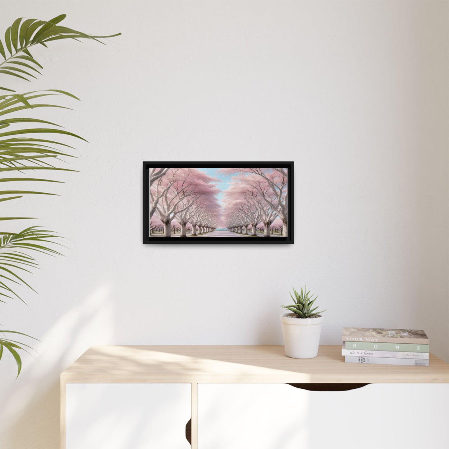 Blossom Path Canvas, Framed Wall Art, Pink Cherry Blossom Decor, Spring Home Decor, Gift for Nature Lovers, Ideal for Weddings