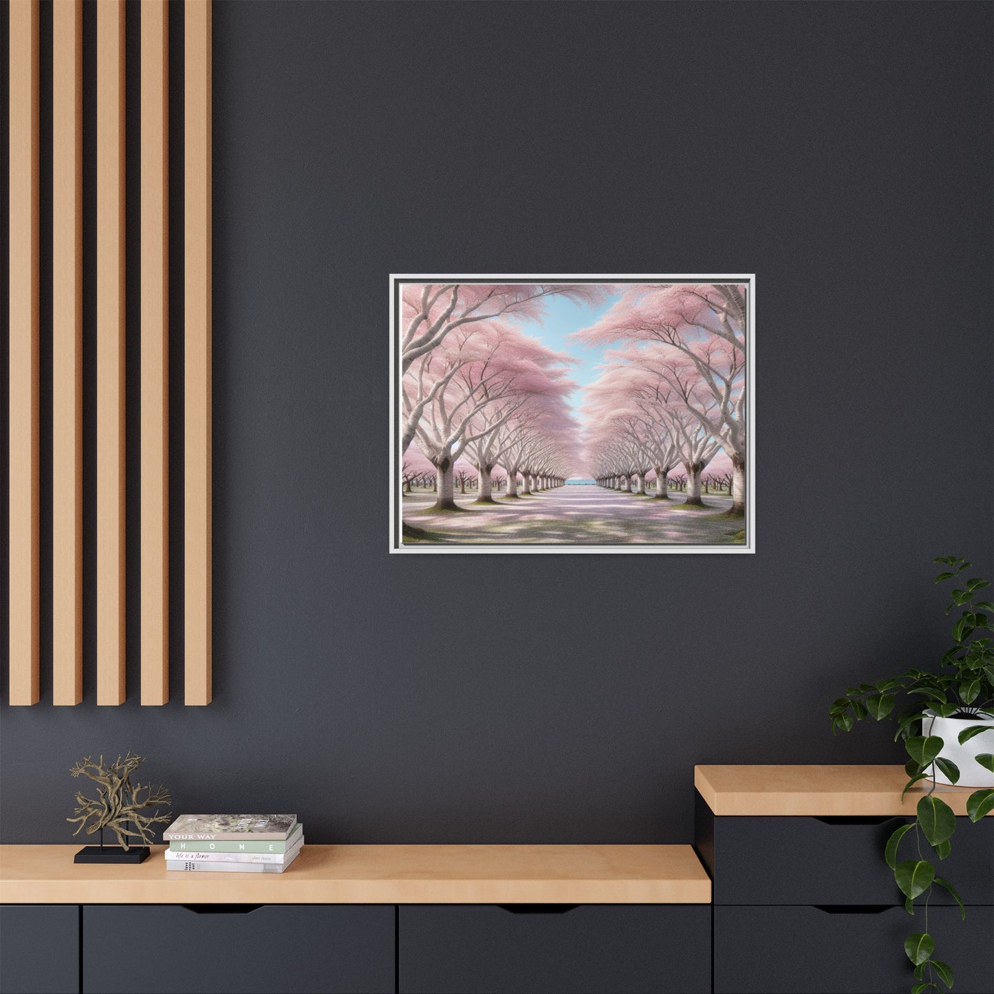 Blossom Path Canvas, Framed Wall Art, Pink Cherry Blossom Decor, Spring Home Decor, Gift for Nature Lovers, Ideal for Weddings