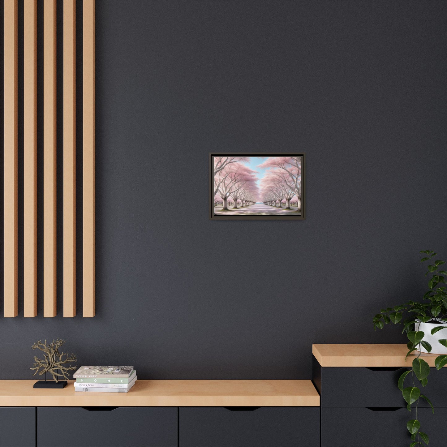 Blossom Path Canvas, Framed Wall Art, Pink Cherry Blossom Decor, Spring Home Decor, Gift for Nature Lovers, Ideal for Weddings