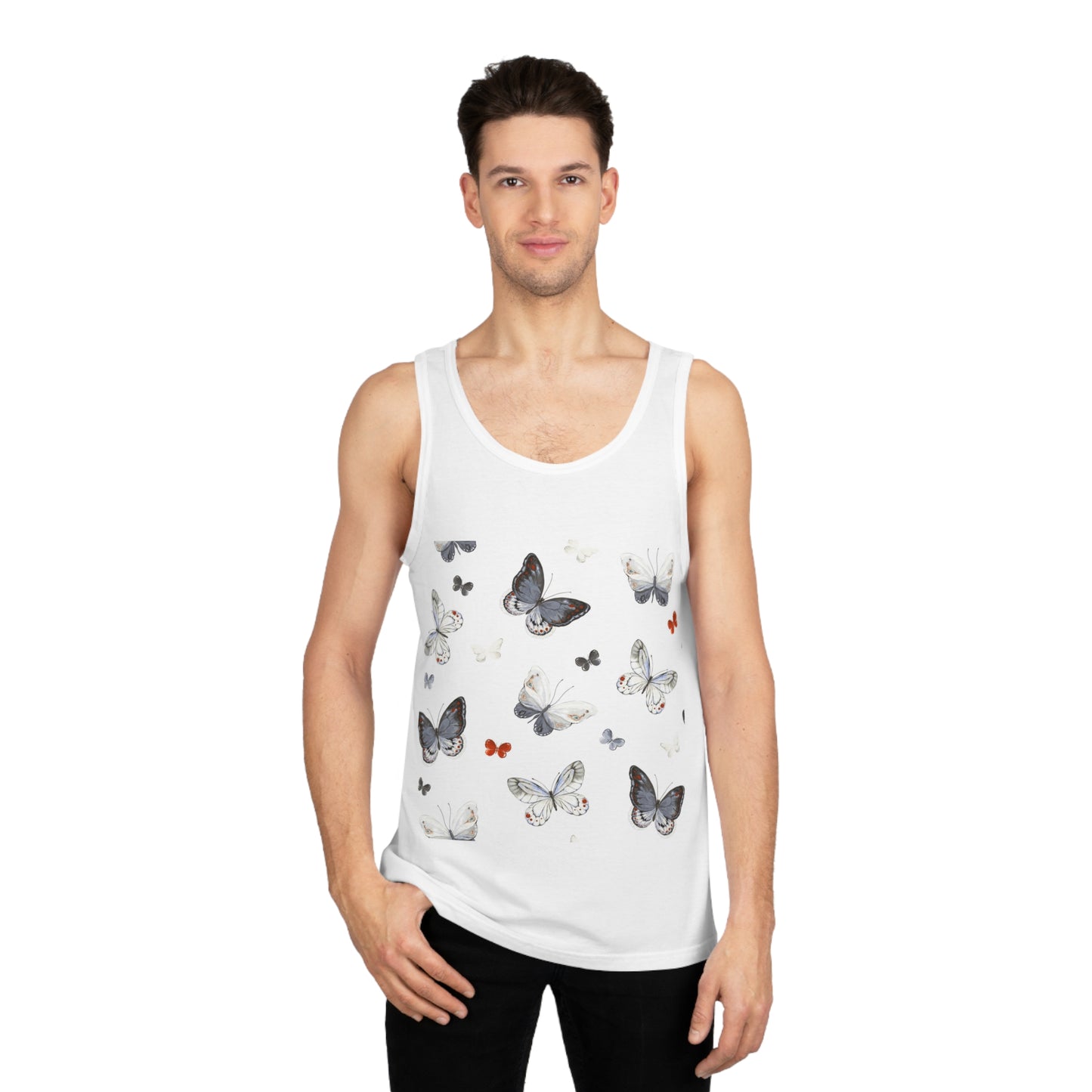 Butterfly Pattern Unisex Softstyle Tank Top, Summer Wear, Casual Outfit, Nature Lover Gift, Festival Style, Eco-Friendly Apparel