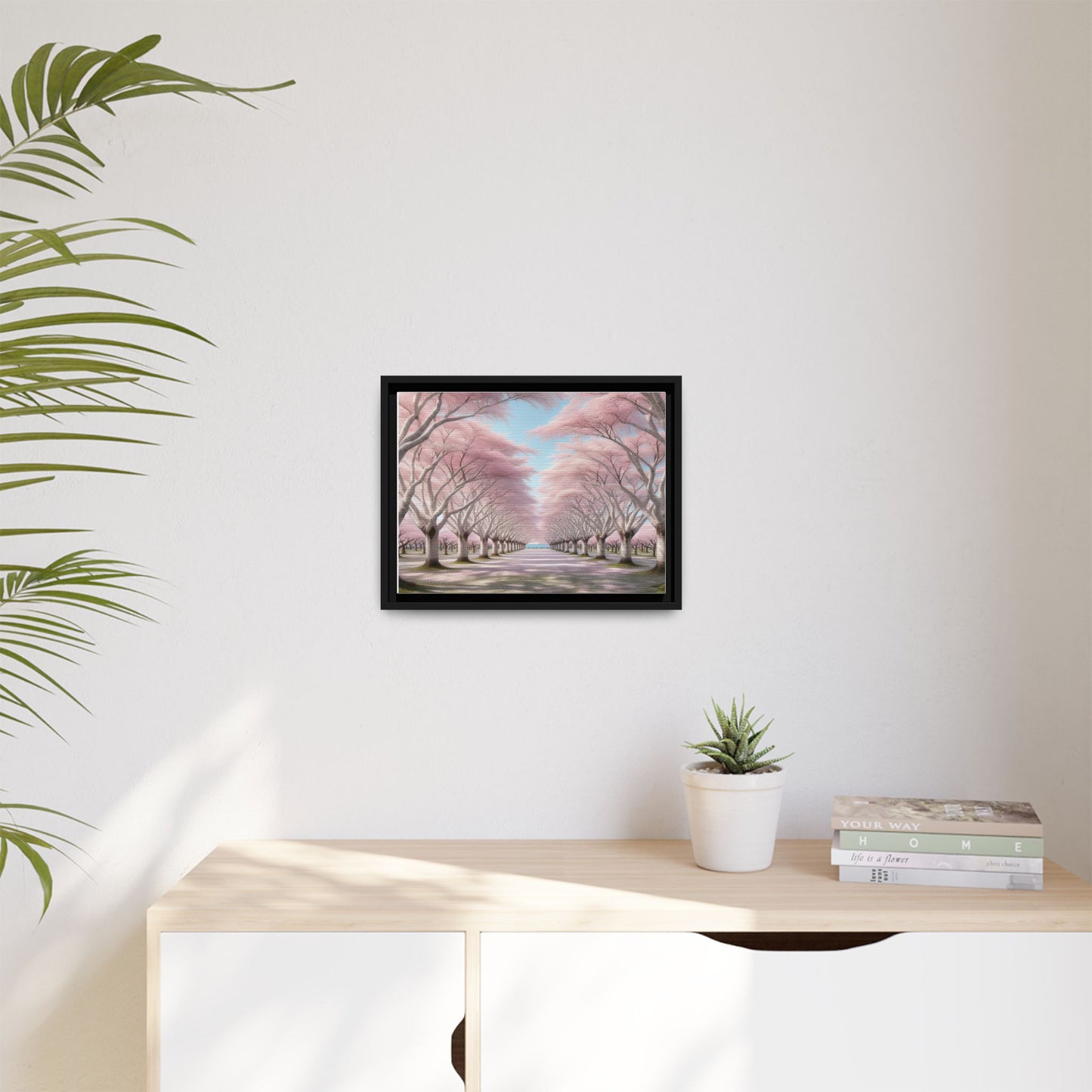Blossom Path Canvas, Framed Wall Art, Pink Cherry Blossom Decor, Spring Home Decor, Gift for Nature Lovers, Ideal for Weddings