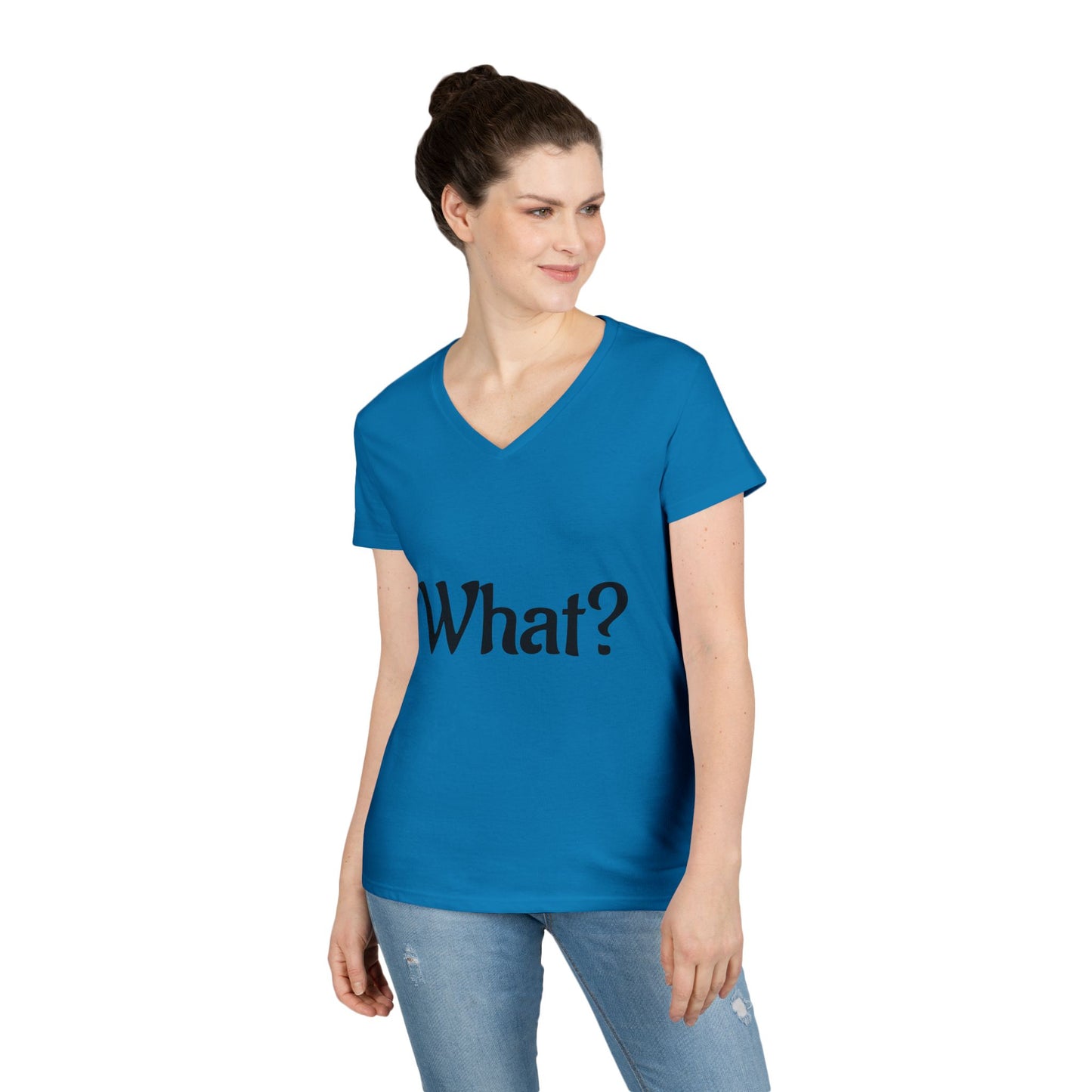 Ladies' V-Neck T-Shirt with 'What?' Design - Casual Style for Everyday Fun, Great for Gifts, Relaxing Wear, Birthday, Humor