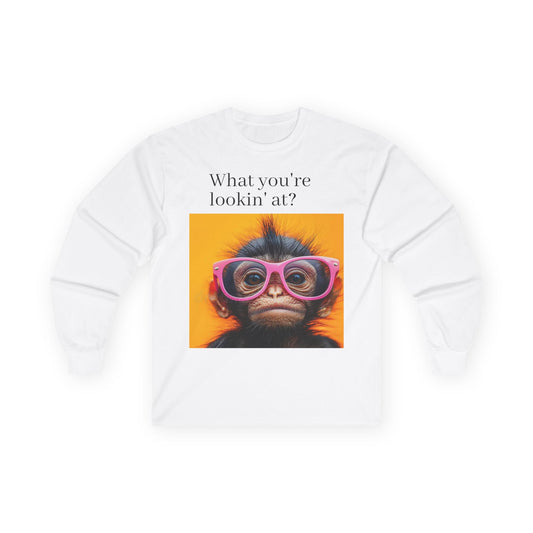 Cute Monkey Graphic Long Sleeve Tee, Funny Gift for Animal Lovers, Casual Wear, Gift for Birthdays, Special Occasions