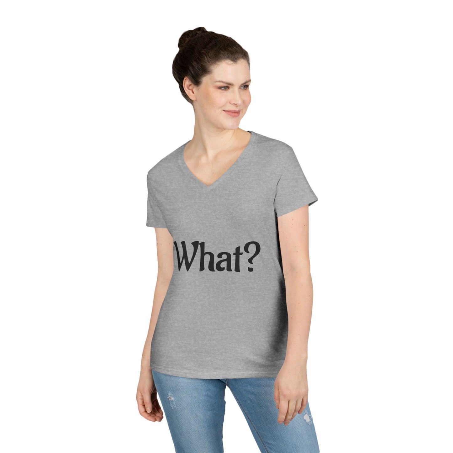 Ladies' V-Neck T-Shirt with 'What?' Design - Casual Style for Everyday Fun, Great for Gifts, Relaxing Wear, Birthday, Humor