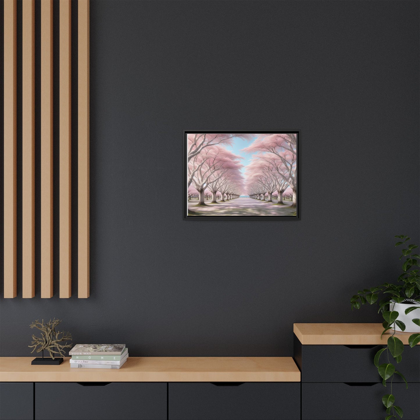Blossom Path Canvas, Framed Wall Art, Pink Cherry Blossom Decor, Spring Home Decor, Gift for Nature Lovers, Ideal for Weddings