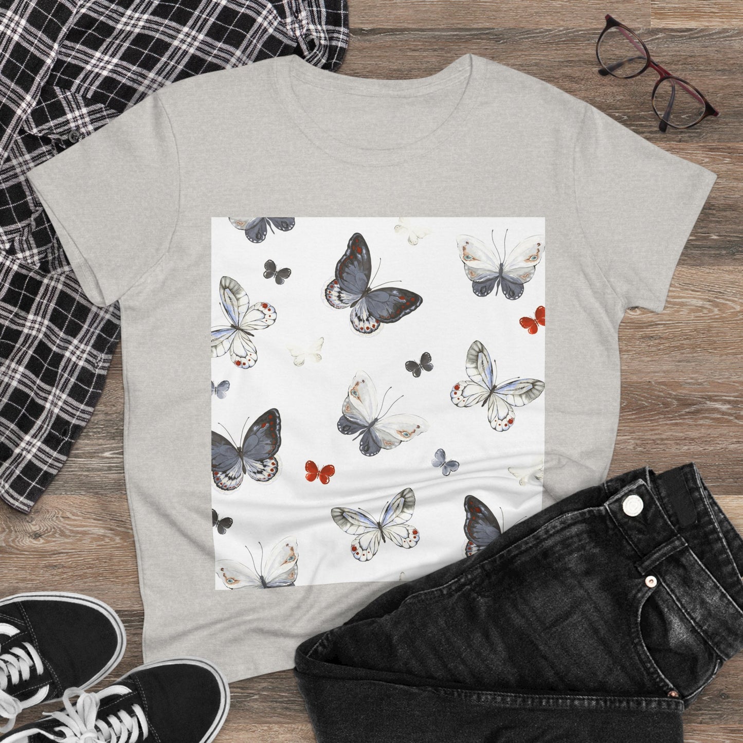 Butterfly Print Women's Cotton Tee, Casual Wear, Nature Lover Gift, Spring Fashion, Lightweight Top, Birthday Gift