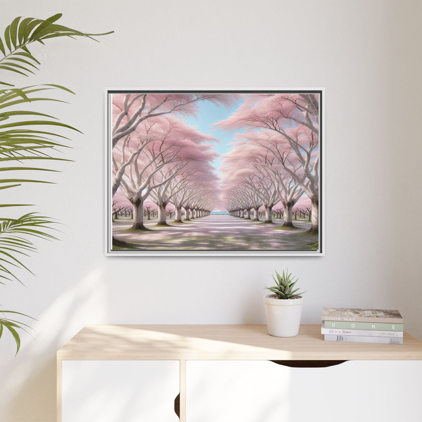 Blossom Path Canvas, Framed Wall Art, Pink Cherry Blossom Decor, Spring Home Decor, Gift for Nature Lovers, Ideal for Weddings