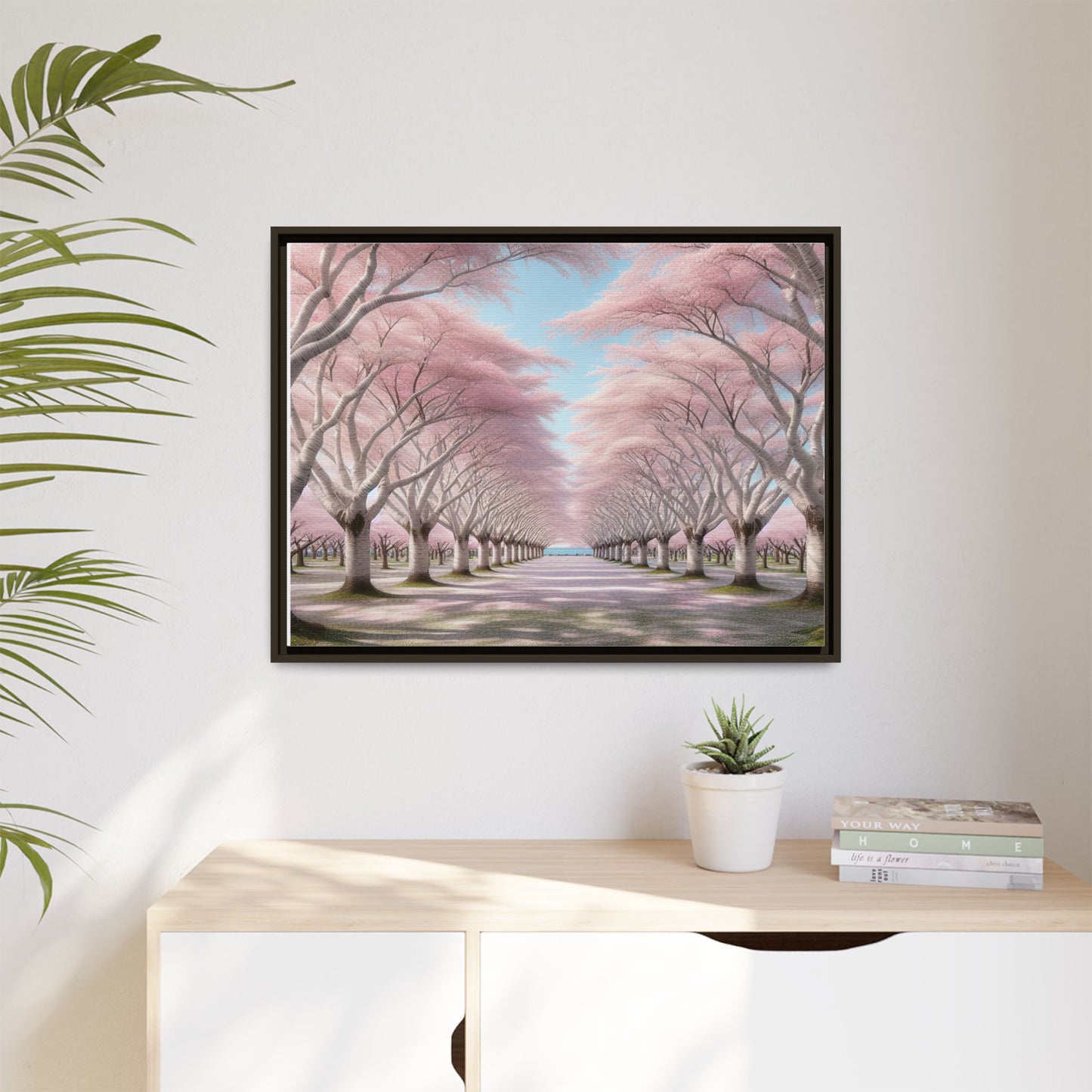 Blossom Path Canvas, Framed Wall Art, Pink Cherry Blossom Decor, Spring Home Decor, Gift for Nature Lovers, Ideal for Weddings