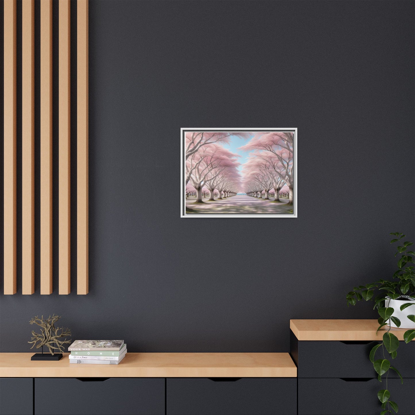 Blossom Path Canvas, Framed Wall Art, Pink Cherry Blossom Decor, Spring Home Decor, Gift for Nature Lovers, Ideal for Weddings
