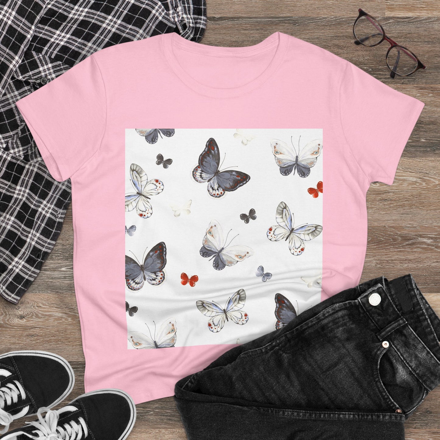 Butterfly Print Women's Cotton Tee, Casual Wear, Nature Lover Gift, Spring Fashion, Lightweight Top, Birthday Gift