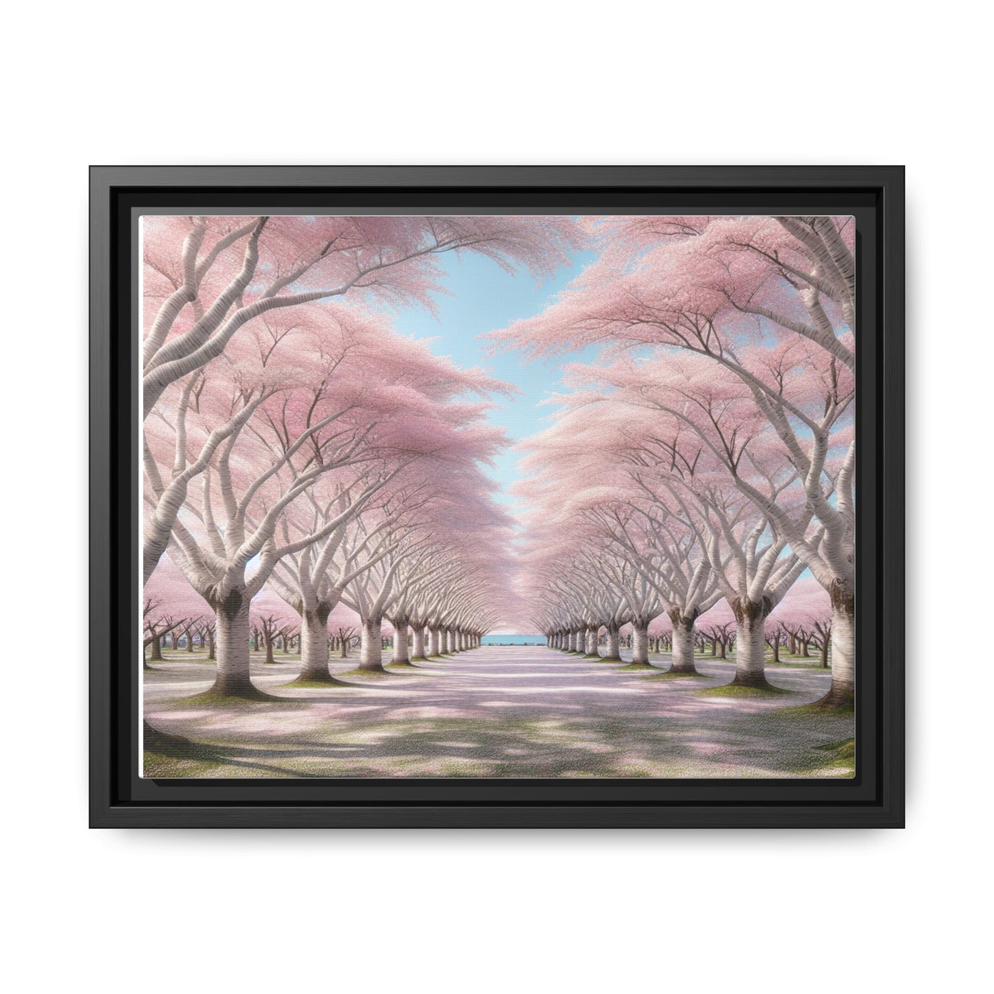 Blossom Path Canvas, Framed Wall Art, Pink Cherry Blossom Decor, Spring Home Decor, Gift for Nature Lovers, Ideal for Weddings