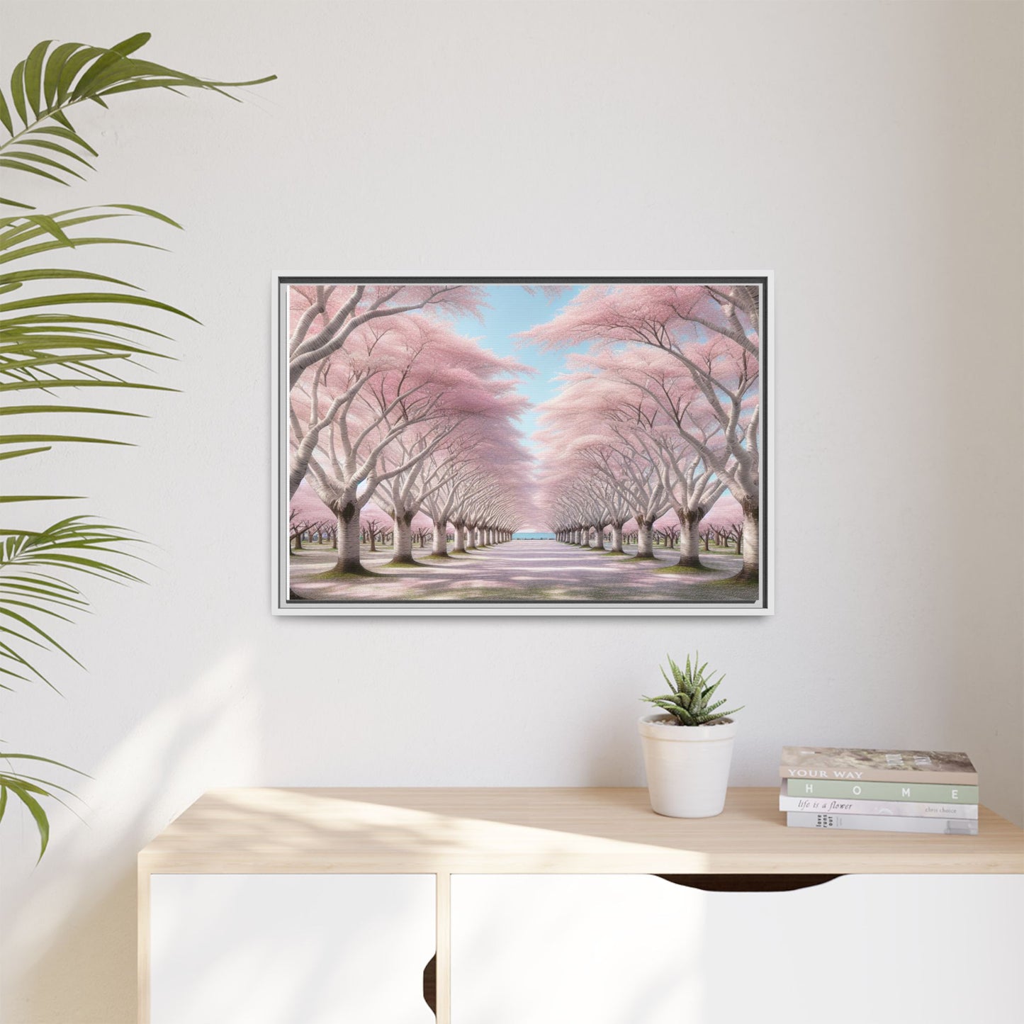 Blossom Path Canvas, Framed Wall Art, Pink Cherry Blossom Decor, Spring Home Decor, Gift for Nature Lovers, Ideal for Weddings