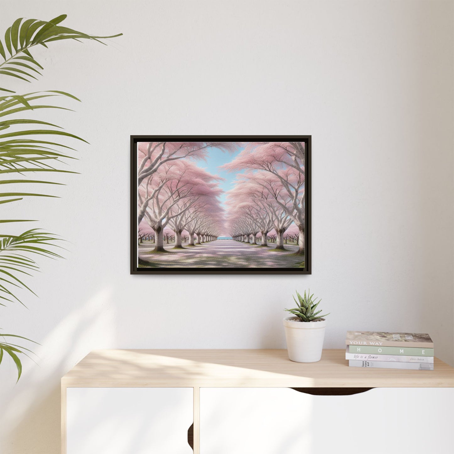 Blossom Path Canvas, Framed Wall Art, Pink Cherry Blossom Decor, Spring Home Decor, Gift for Nature Lovers, Ideal for Weddings