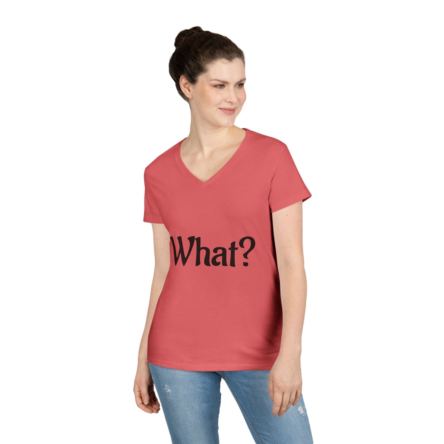 Ladies' V-Neck T-Shirt with 'What?' Design - Casual Style for Everyday Fun, Great for Gifts, Relaxing Wear, Birthday, Humor