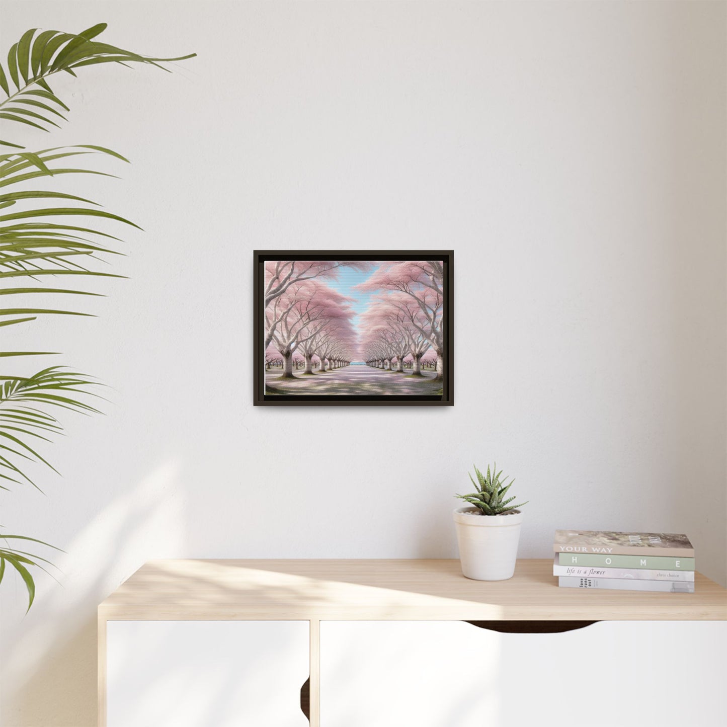 Blossom Path Canvas, Framed Wall Art, Pink Cherry Blossom Decor, Spring Home Decor, Gift for Nature Lovers, Ideal for Weddings