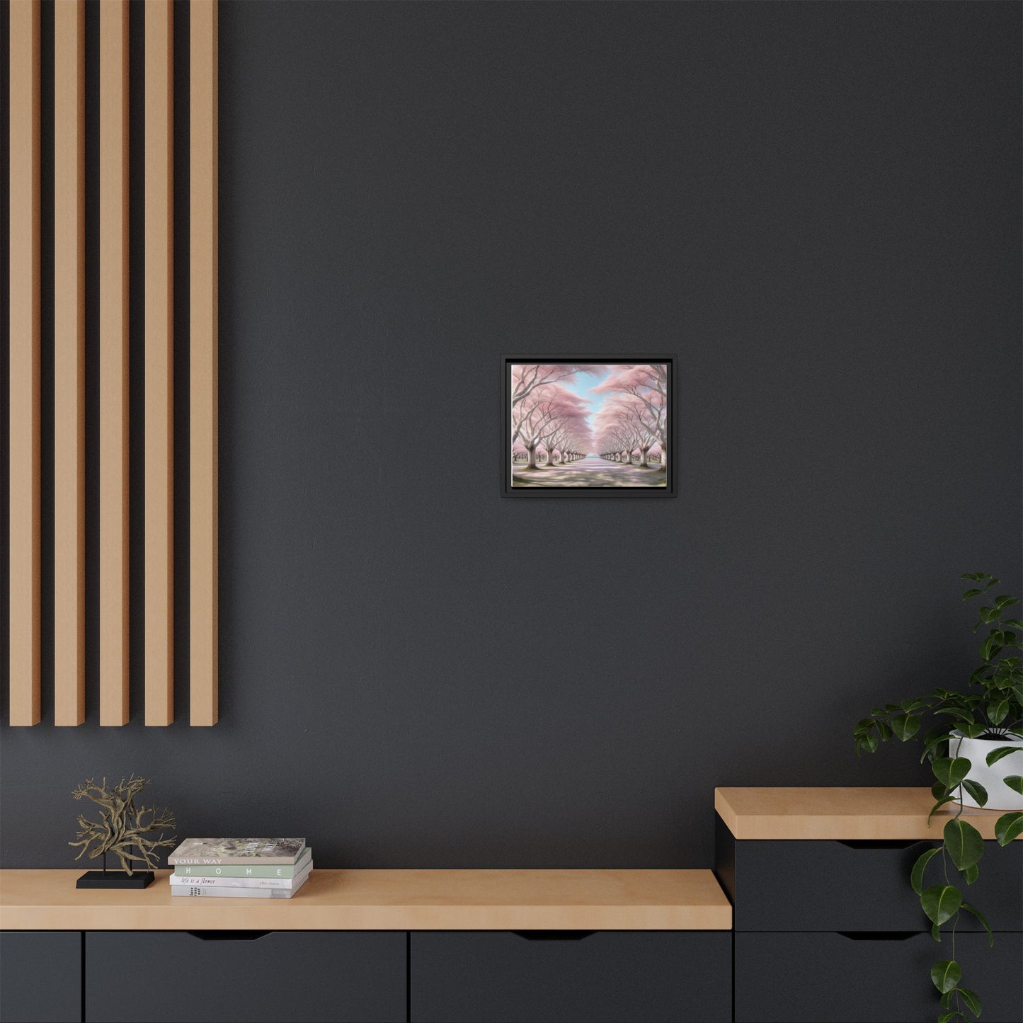 Blossom Path Canvas, Framed Wall Art, Pink Cherry Blossom Decor, Spring Home Decor, Gift for Nature Lovers, Ideal for Weddings