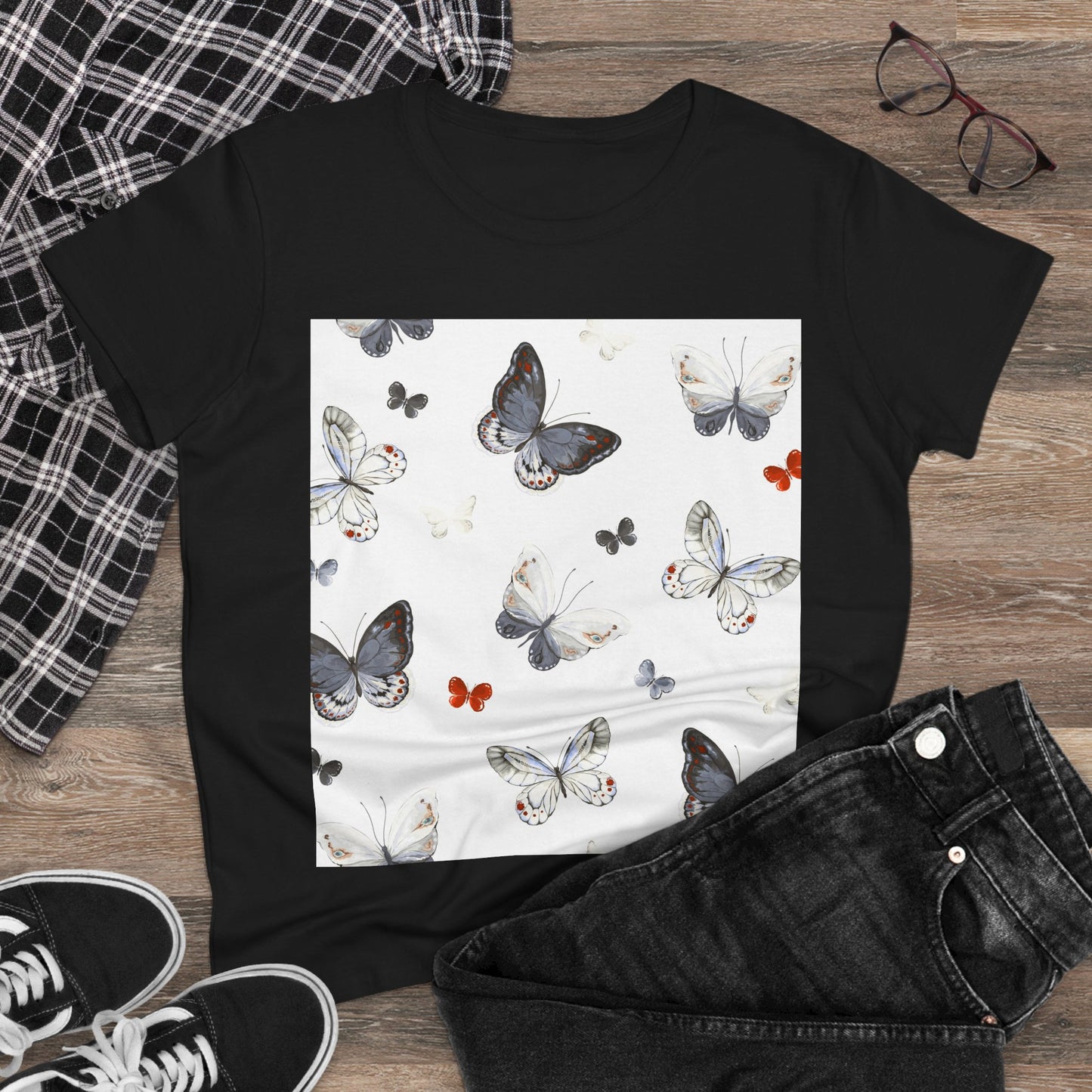 Butterfly Print Women's Cotton Tee, Casual Wear, Nature Lover Gift, Spring Fashion, Lightweight Top, Birthday Gift