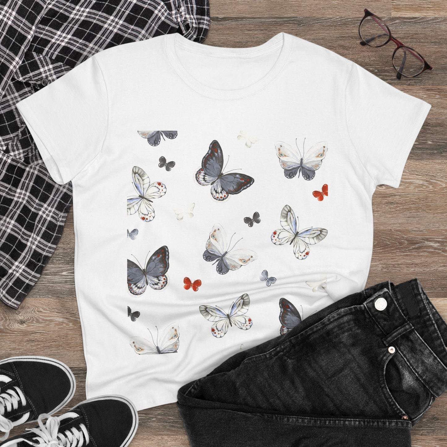 Butterfly Print Women's Cotton Tee, Casual Wear, Nature Lover Gift, Spring Fashion, Lightweight Top, Birthday Gift