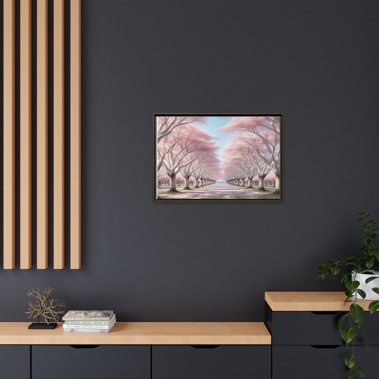 Blossom Path Canvas, Framed Wall Art, Pink Cherry Blossom Decor, Spring Home Decor, Gift for Nature Lovers, Ideal for Weddings