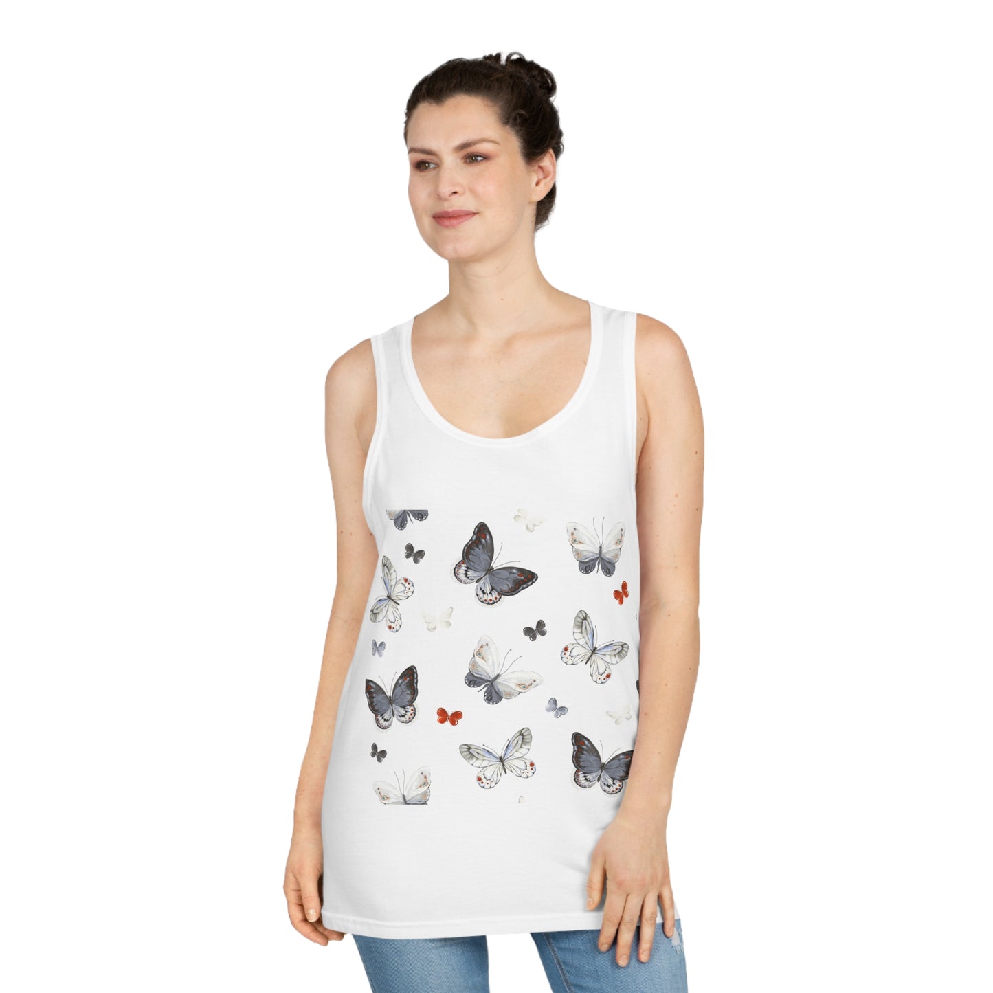 Butterfly Pattern Unisex Softstyle Tank Top, Summer Wear, Casual Outfit, Nature Lover Gift, Festival Style, Eco-Friendly Apparel
