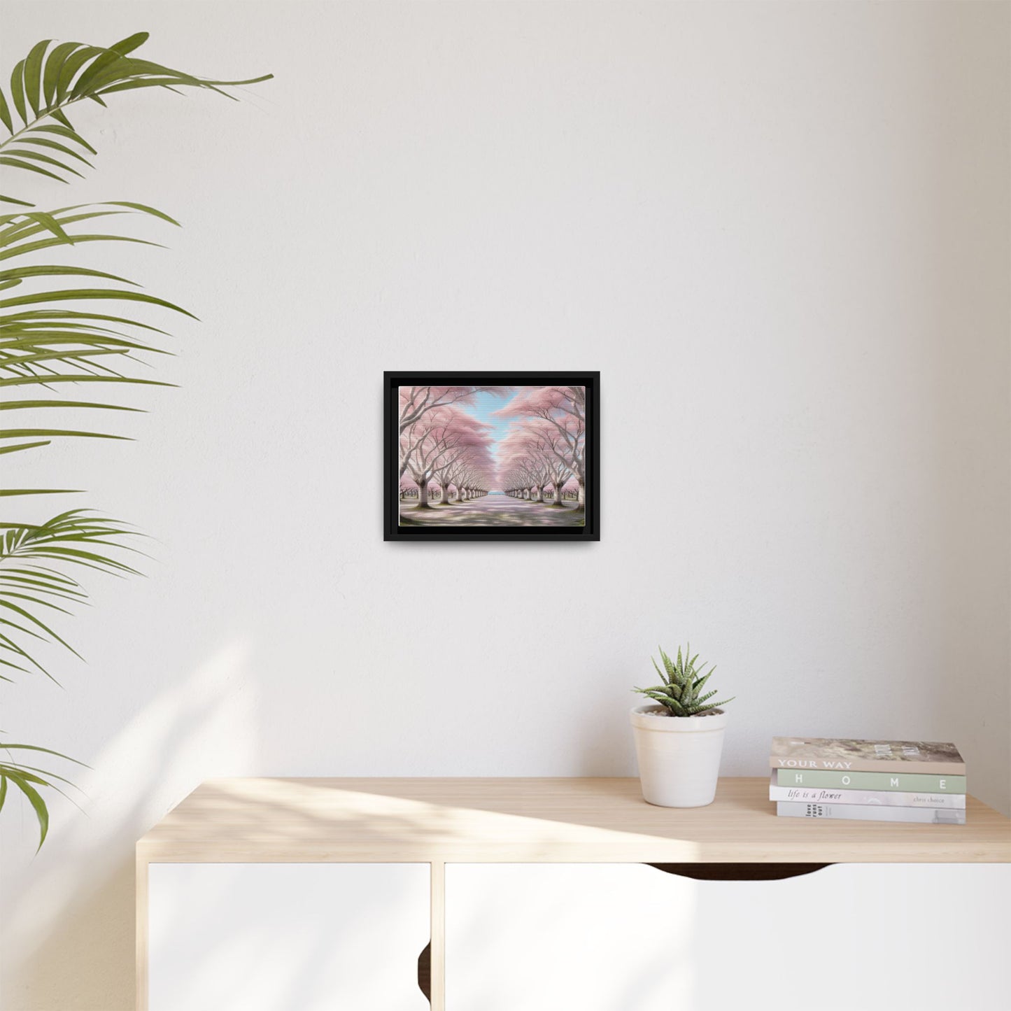 Blossom Path Canvas, Framed Wall Art, Pink Cherry Blossom Decor, Spring Home Decor, Gift for Nature Lovers, Ideal for Weddings