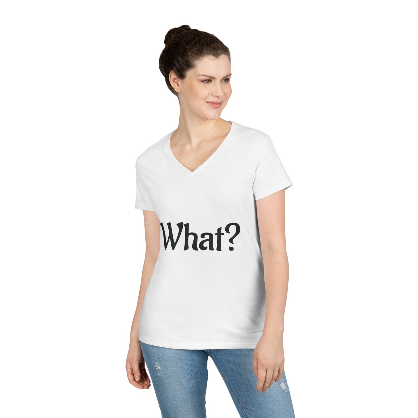 Ladies' V-Neck T-Shirt with 'What?' Design - Casual Style for Everyday Fun, Great for Gifts, Relaxing Wear, Birthday, Humor