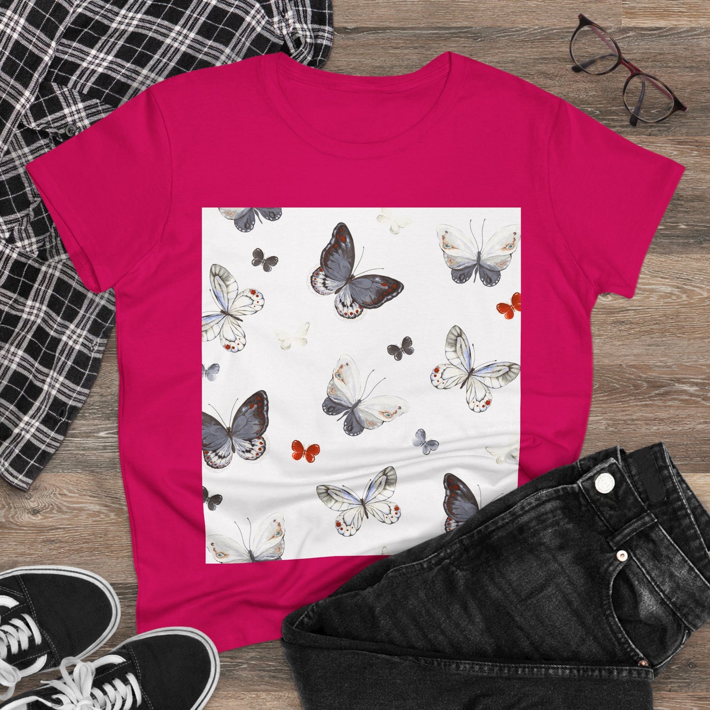 Butterfly Print Women's Cotton Tee, Casual Wear, Nature Lover Gift, Spring Fashion, Lightweight Top, Birthday Gift