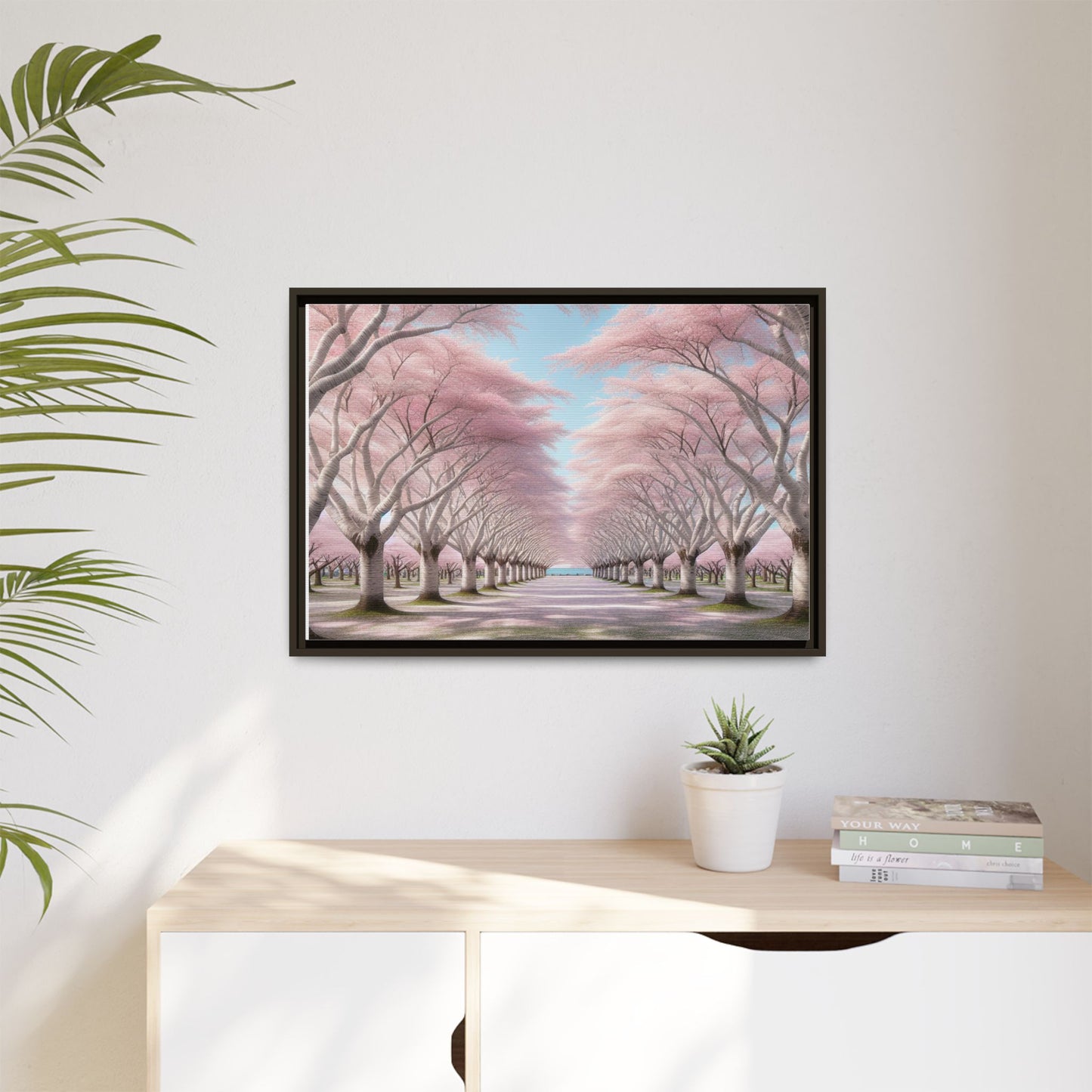 Blossom Path Canvas, Framed Wall Art, Pink Cherry Blossom Decor, Spring Home Decor, Gift for Nature Lovers, Ideal for Weddings