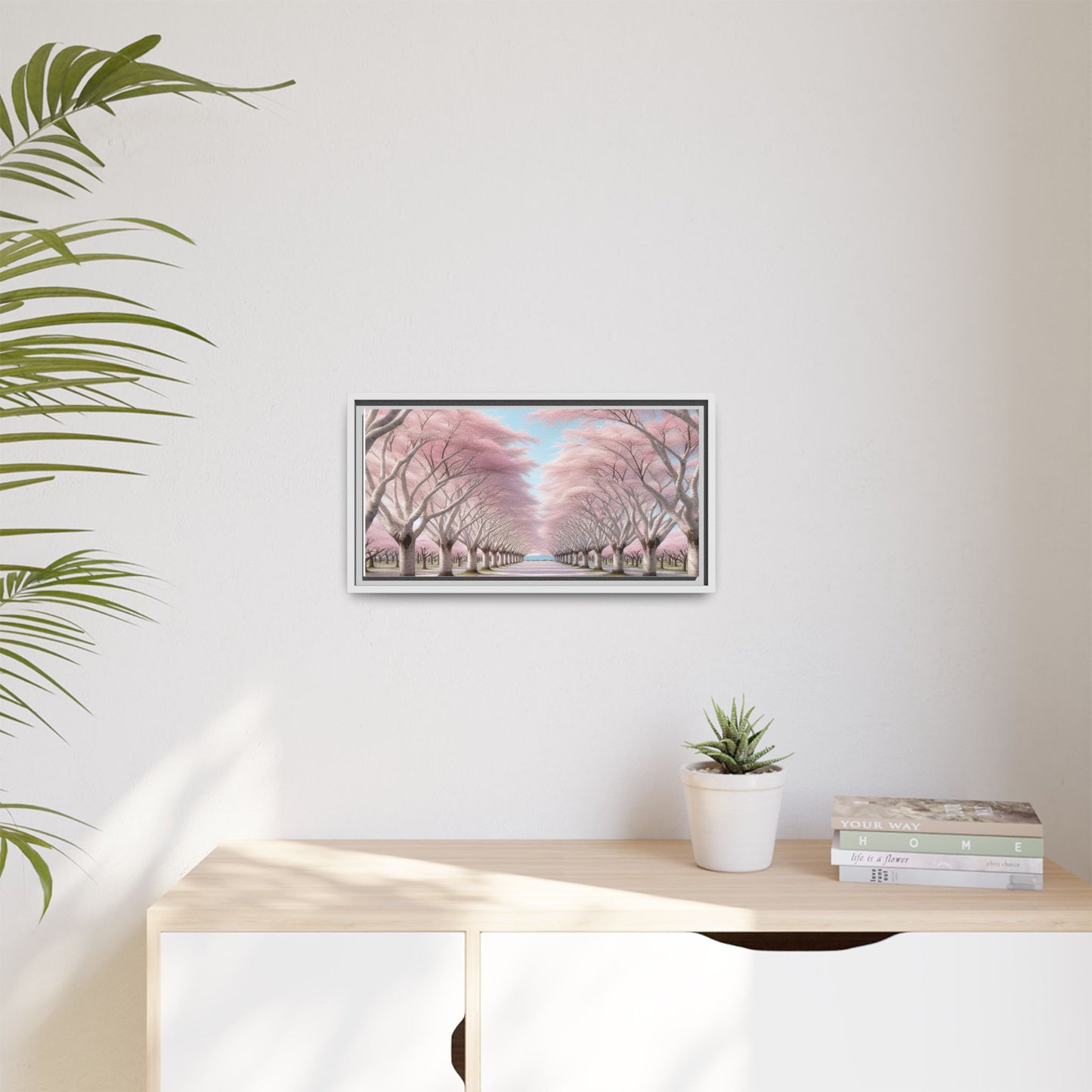 Blossom Path Canvas, Framed Wall Art, Pink Cherry Blossom Decor, Spring Home Decor, Gift for Nature Lovers, Ideal for Weddings