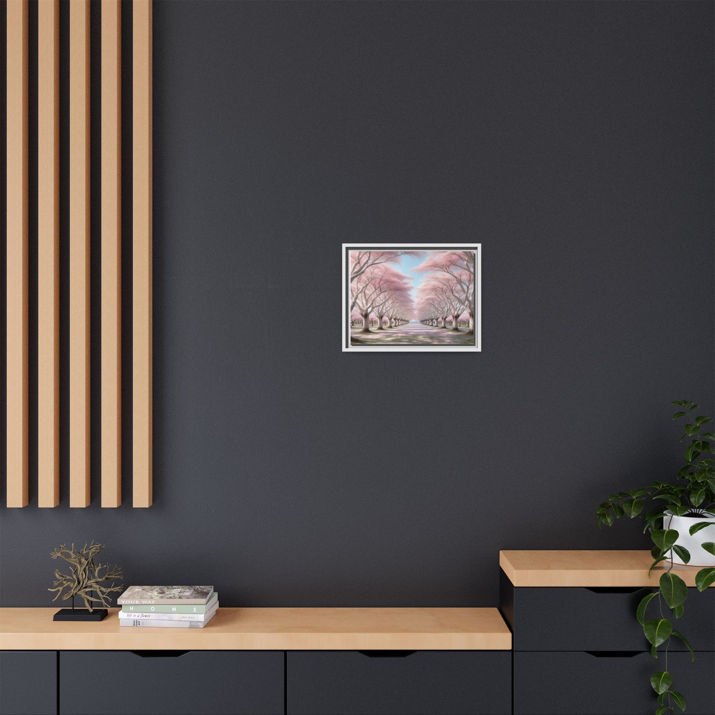 Blossom Path Canvas, Framed Wall Art, Pink Cherry Blossom Decor, Spring Home Decor, Gift for Nature Lovers, Ideal for Weddings